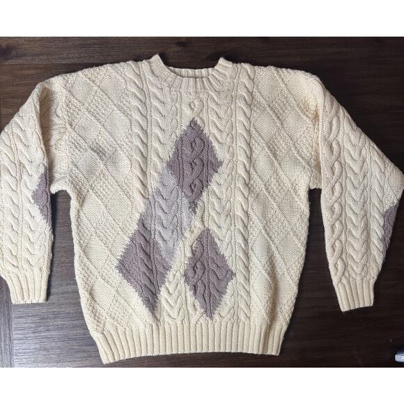 Apart Sweaters - Vintage 100% Wool Sweater Adults XL Yellow Cable Knit Fisherman Pullover Chunky